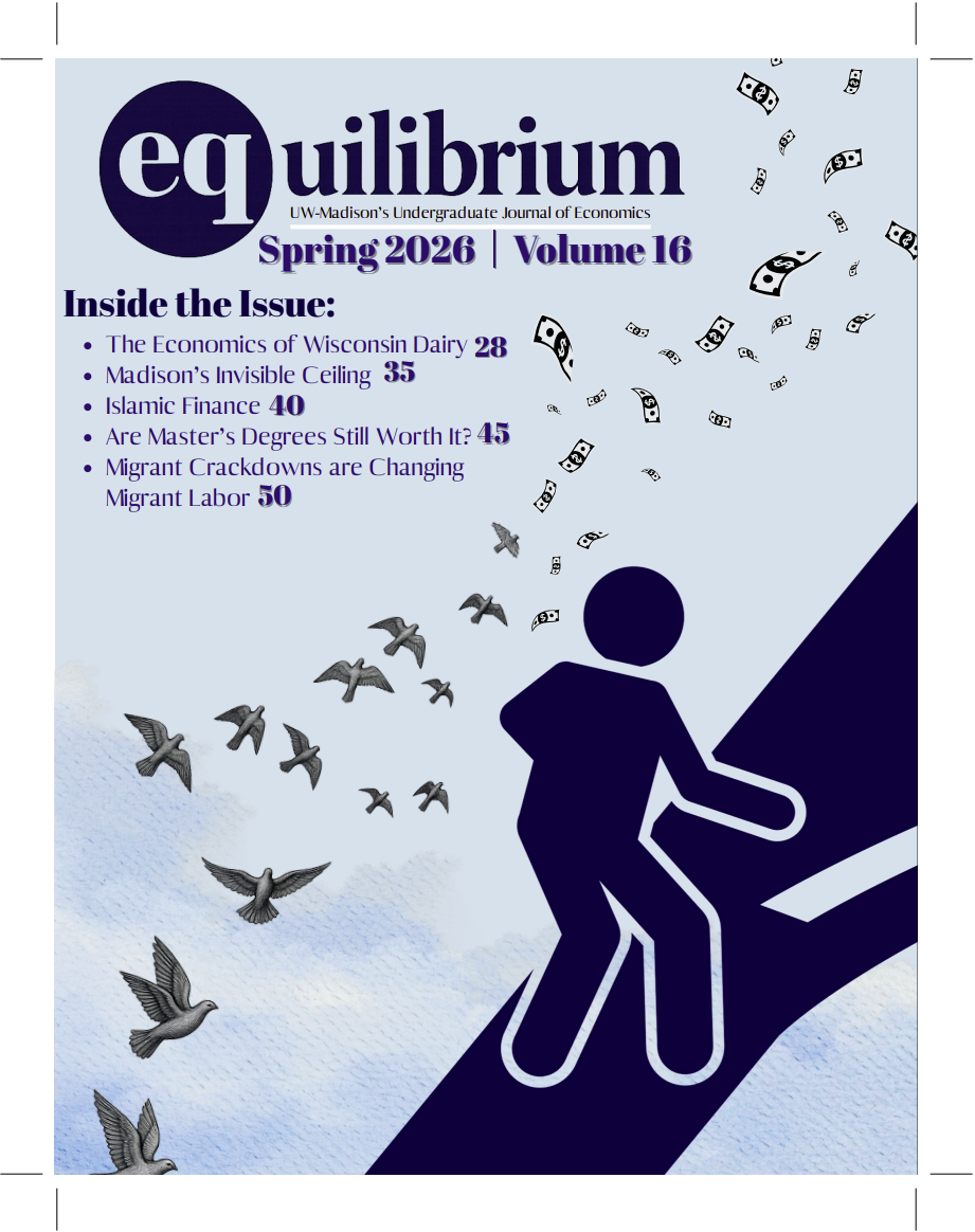 Image of the cover of Volume 16 of Equilibrium: UW Madison's Undergraduate Economic Journal. Spring 2026. Featuring articles including 1. The Economics of Wisconsin Dairy Page 28 2. Madison's Invisible Ceiling Page 35 3. Islamic Finance Page 40